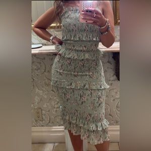 SAGE AND FLORAL SMOCKED MIDI DRESS